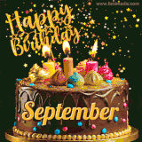 A delightful chocolate birthday cake with bright candles and 'Happy Birthday September' written in gold amidst a shower of animated stars.