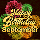 Golden text reading 'Happy Birthday September' surrounded by vibrant fireworks in red, green, and yellow, set against a dark background in this celebratory birthday GIF.