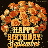 Animated bouquet of orange roses with moving butterfles and golden 'Happy Birthday September' text, surrounded by sparkling accents and a dark backdrop for a luxurious feel.