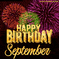 Wishing You A Happy Birthday, September! Best fireworks GIF animated greeting card.