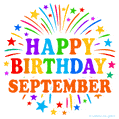 Happy Birthday September' GIF with rainbow-colored letters, colorful stars, and fireworks on white background.