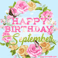 A charming animated GIF featuring 'Happy Birthday September' in pink and green text, surrounded by delicate roses, leaves, and fluttering butterflies on a soft light blue pastel background.