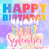 A vibrant animated name GIF with the words 'Happy Birthday September' with colorful candles on a creamy cake. The background sparkles with pastel shades, adding a festive touch.