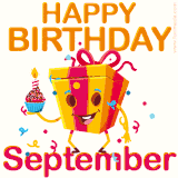A vibrant and funny gift box character with a happy face dancing with a cupcake and the text 'Happy Birthday September,' surrounded by animated confetti and party vibes.