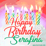 Bright birthday candles with rainbow flames on a cake, alongside the text 'Happy Birthday Serafina' in vibrant script in this celebratory animated GIF.