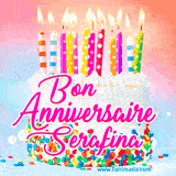 A white birthday cake covered in colorful sprinkles, topped with bright candles, and French text 'Bon Anniversaire Serafina' on a pastel gradient background in an animated GIF.
