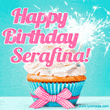 A festive cupcake with pink icing, a gingham bow, and a lit animated sparkler, paired with 'Happy Birthday Serafina!' in bright pink text.
