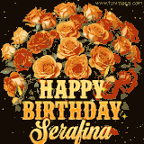 Animated bouquet of orange roses with moving butterfles and golden 'Happy Birthday Serafina' text, surrounded by sparkling accents and a dark backdrop for a luxurious feel.