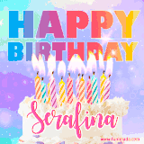 A vibrant animated name GIF with the words 'Happy Birthday Serafina' with colorful candles on a creamy cake. The background sparkles with pastel shades, adding a festive touch.