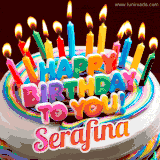 A colorful birthday cake topped with lit candles, with the words 'Happy Birthday Serafina' in bold glowing letters on a burgundy background. Animated flames add a festive touch.