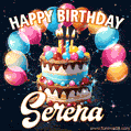Hand-drawn happy birthday cake adorned with an arch of colorful balloons - name GIF for Serena