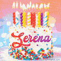 Personalized for Serena elegant birthday cake adorned with rainbow sprinkles, colorful candles and glitter