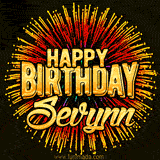 Golden 'Happy Birthday Sevynn' text accompanied by animated rainbow fireworks for a festive animated greeting.