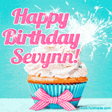 A festive cupcake with pink icing, a gingham bow, and a lit animated sparkler, paired with 'Happy Birthday Sevynn!' in bright pink text.