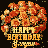 Animated bouquet of orange roses with moving butterfles and golden 'Happy Birthday Sevynn' text, surrounded by sparkling accents and a dark backdrop for a luxurious feel.
