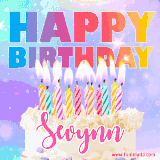 A vibrant animated name GIF with the words 'Happy Birthday Sevynn' with colorful candles on a creamy cake. The background sparkles with pastel shades, adding a festive touch.