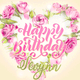 A stunning heart made of pink roses surrounds the elegant script text 'Happy Birthday Sevynn' on a soft beige background. Animated sparkles add a magical and festive feel.