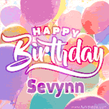 A vibrant name GIF featuring colorful balloons in shades of pink, orange, and yellow with the bold text 'Happy Birthday Sevynn' in festive fonts, creating a lively birthday vibe.