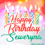 Bright birthday candles with rainbow flames on a cake, alongside the text 'Happy Birthday Seweryna' in vibrant script in this celebratory animated GIF.