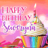 A vibrant birthday GIF featuring a rainbow-colored cupcake topped with white frosting, sprinkles, and a lit candle. The text reads 'Happy Birthday Seweryna' in bold pink and violet letters with white outline.