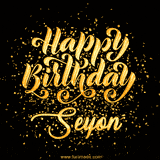 Animated GIF with colorful, festive 'Happy Birthday Seyon' text decorated with patterns, a party hat, and falling confetti. A vibrant and cheerful design for birthday celebrations.