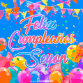 A vibrant animated GIF with 'Feliz Cumpleaños Seyon' written in colorful script, surrounded by balloons, confetti, and bunting on a bright blue background.