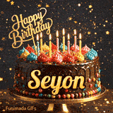 Burning birthday candles on top of a chocolate drip cake decorated with colorful icing dollops and sprinkles, personalized for Seyon.