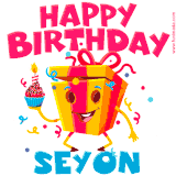 A funny animated birthday GIF with the words 'Happy Birthday Seyona', colorful gift box with arms and legs, holding a cupcake with a lit candle  with confetti everywhere.