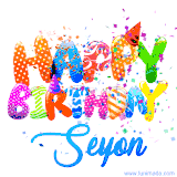Animated GIF with colorful, festive 'Happy Birthday Seyon' text decorated with patterns, a party hat, and falling confetti. A vibrant and cheerful design for birthday celebrations.