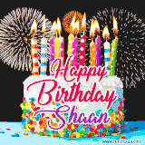 A lively happy birthday animated GIF showcasing a colorful birthday cake covered in sprinkles, topped with glowing candles, and surrounded by vibrant fireworks. The name 'Shaan' is featured in elegant script.