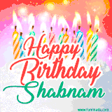 Bright birthday candles with rainbow flames on a cake, alongside the text 'Happy Birthday Shabnam' in vibrant script in this celebratory animated GIF.