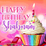 A vibrant birthday GIF featuring a rainbow-colored cupcake topped with white frosting, sprinkles, and a lit candle. The text reads 'Happy Birthday Shabnam' in bold pink and violet letters with white outline.