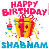 A vibrant and funny gift box character with a happy face dancing with a cupcake and the text 'Happy Birthday Shabnam,' surrounded by animated confetti and party vibes.