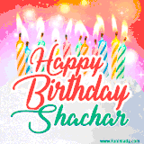 Bright birthday candles with rainbow flames on a cake, alongside the text 'Happy Birthday Shachar' in vibrant script in this celebratory animated GIF.