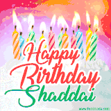 Bright birthday candles with rainbow flames on a cake, alongside the text 'Happy Birthday Shaddai' in vibrant script in this celebratory animated GIF.