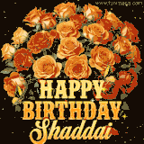 Animated bouquet of orange roses with moving butterfles and golden 'Happy Birthday Shaddai' text, surrounded by sparkling accents and a dark backdrop for a luxurious feel.