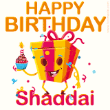 A vibrant and funny gift box character with a happy face dancing with a cupcake and the text 'Happy Birthday Shaddai,' surrounded by animated confetti and party vibes.