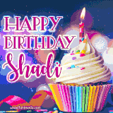 A festive animated GIF featuring a colorful cupcake with a single lit candle, sprinkles, and 'Happy Birthday Shadi' text against a sparkling, celebratory background.