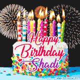 A lively happy birthday animated GIF showcasing a colorful birthday cake covered in sprinkles, topped with glowing candles, and surrounded by vibrant fireworks. The name 'Shadi' is featured in elegant script.