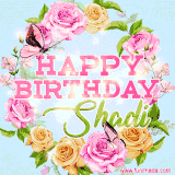 A charming animated GIF featuring 'Happy Birthday Shadi' in pink and green text, surrounded by delicate roses, leaves, and fluttering butterflies on a soft light blue pastel background.