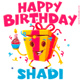 A vibrant and funny gift box character with a happy face dancing with a cupcake and the text 'Happy Birthday Shadi,' surrounded by animated confetti and party vibes.