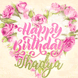 A stunning heart made of pink roses surrounds the elegant script text 'Happy Birthday Shadya' on a soft beige background. Animated sparkles add a magical and festive feel.