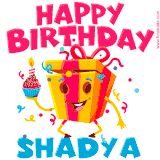 A vibrant and funny gift box character with a happy face dancing with a cupcake and the text 'Happy Birthday Shadya,' surrounded by animated confetti and party vibes.