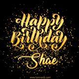 Animated GIF with colorful, festive 'Happy Birthday Shae' text decorated with patterns, a party hat, and falling confetti. A vibrant and cheerful design for birthday celebrations.