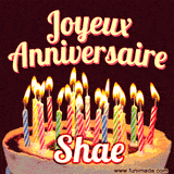 A Happy Birthday GIF in French featuring a festive birthday cake adorned with bright candles and the glowing text 'Joyeux Anniversaire Shae' in a cheerful style.