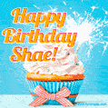 A cheerful animated GIF of a cupcake with creamy frosting, a red checkered ribbon, and a bright sparkler on top. The text 'Happy Birthday Shae!' is displayed in vibrant orange and red.