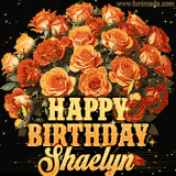 Animated bouquet of orange roses with moving butterfles and golden 'Happy Birthday Shaelyn' text, surrounded by sparkling accents and a dark backdrop for a luxurious feel.