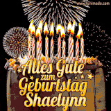A chocolate birthday cake with glowing candles, the German text 'Alles Gute zum Geburtstag Shaelynn,' and vibrant fireworks lighting up the background in an animated GIF.