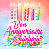 A white birthday cake covered in colorful sprinkles, topped with bright candles, and French text 'Bon Anniversaire Shaelynn' on a pastel gradient background in an animated GIF.