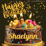 A delightful chocolate birthday cake with bright candles and 'Happy Birthday Shaelynn' written in gold amidst a shower of animated stars.